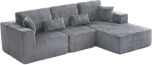 L Shaped Modular Boneless Sectional Couches for Living Room, Wide Armrest, Deep Seat, Memory Foam, Assembly Free, Modern Comfy Corduroy Fluffy Cloud Sofa with Right Chaise, Grey