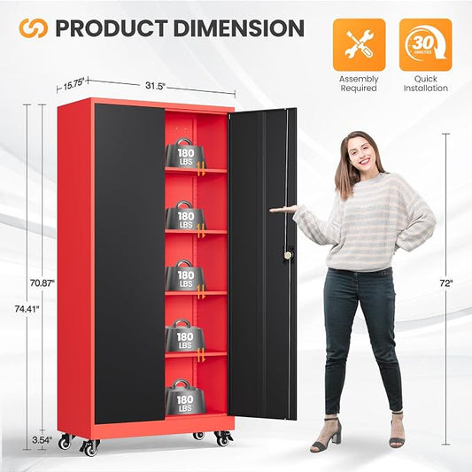 Garage Cabinet with Wheels and Adjustable Shelves, Metal Garage Storage Cabinets with 2 Doors, Storage Caninet with Lock, Heavy Duty Tool Cabnet for Workshop/Home/Office-(Black Red 75”H)
