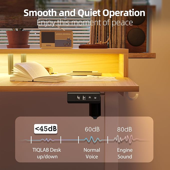 TIQLAB 63'' L-Shaped Standing Desk with LED Light Strip and Power Outlet, Height Adjustable Corner Table with Ergonomic Monitor Stand, Light Walnut