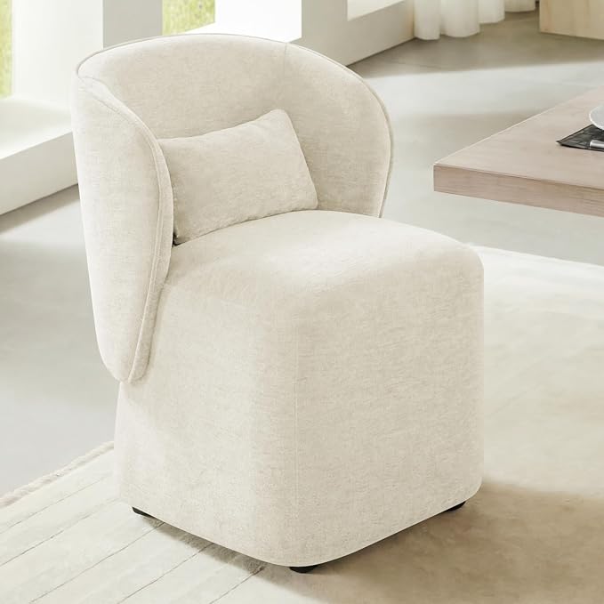 KISLOT Upholstered Dining Chairs with Wheels, Easy Assembly Stain Resistant Fabric Modern Barrel Armchair with Lumbar Cushion, Dining Room Chairs for Kitchen Living Room Bedroom, Beige, Set of 2