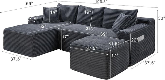 106-Inch Oversized U-Shaped Left Facing Corner Compressed Sofa Modular Boneless Cloud Sectional Sofa Floor Foam Couch W/Chaise & Ottoman, Corduroy Corner Boneless Cloud Couch