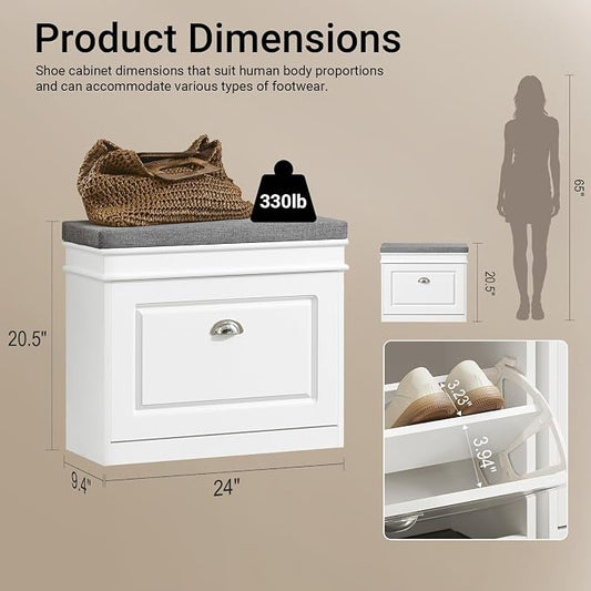 Haotian Shoe Storage Bench, Small Shoe Cabinet for Entryway, Narrow Shoe Rack with 1 Flip-Drawer and Seat Cushion, White, FSR82-K-W