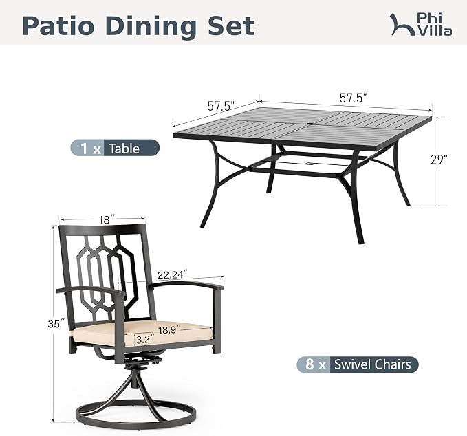 PHI VILLA 9 Pieces Outdoor Dining Set for 8, 57.5" Black Square Wrought Iron Table with Umbrella Hole & Swivel Metal Chairs with Cushions, Large Outside Furniture Set for Patio, Deck, Yard, Porch