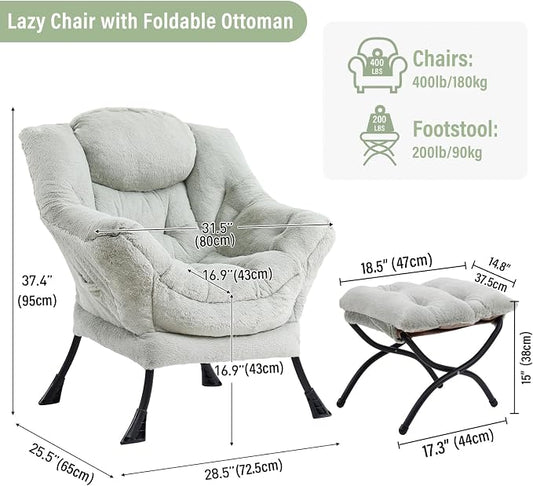 Furlide Lazy Chair with Ottoman, Modern Accent Chair with Armrests and a Side Pocket, Plush Green Accent Chairs, Reading Chairs, Oversized Armchairs for Bedroom, Study, Living Room, Courtyard
