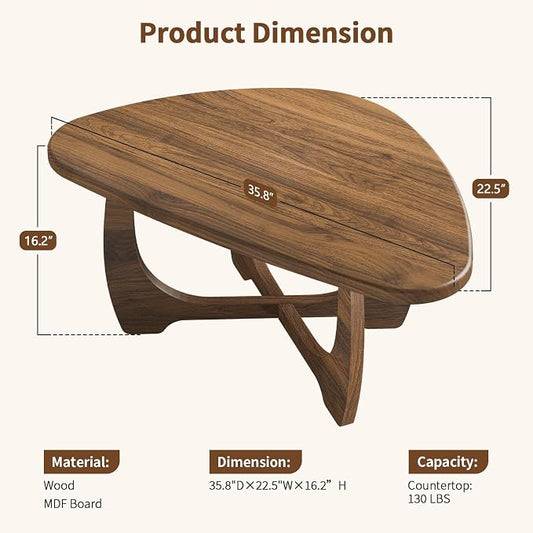 Coffee Table for Living Room - Mid Century Modern Coffee Tables with Triangle Top, Unique Small Round Coffee Table, Wood Oval Tea Table with Solid Legs for Bedroom, 35.8"x 22.5" x 16.2" Walnut