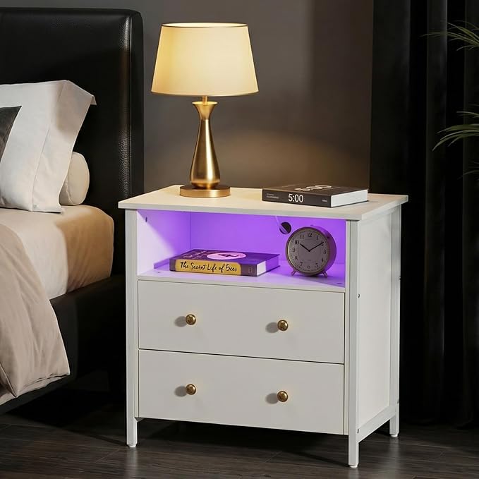 27 Inch LED Nightstand with Charging Station, 2 Drawers, White | Solid Wood and Steel Frame, 2 AC Outlets, 2 USB Ports, RGB App Control, Open Storage, Adjustable Feet, for Bedroom or Office