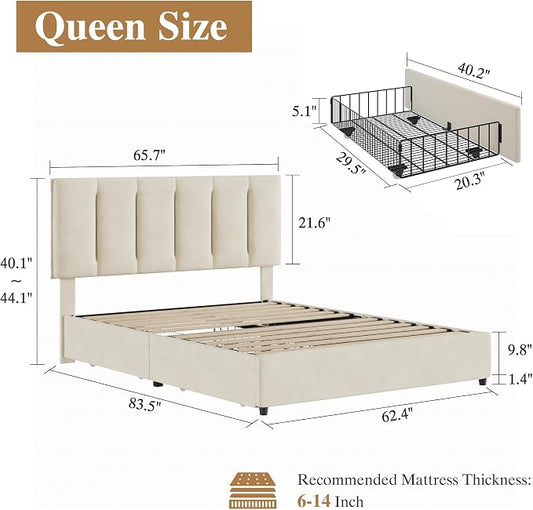 VECELO Queen Size Bed Frame with 4 Storage Drawers, Adjustable Height Headboard, Heavy-Duty Platform Bedframe with Strong Wooden Slats, No Box Spring Needed, Pale Beige