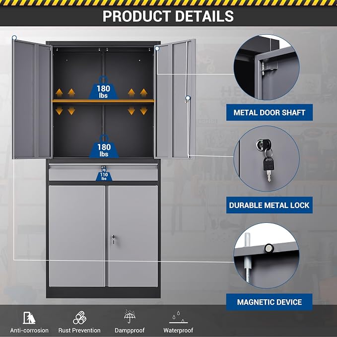 Fesbos 71" Metal Cabinet-Black&Gray Heavy Duty Storage File Cabinet Steel Tool Cabinets with Shelves, Lockable Doors and Drawers- for Garage, Pantry, Warehouse - Assembly Required