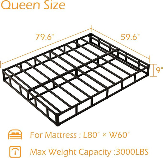 Maenizi 9 Inch Box Spring for Queen Bed, Heavy Duty Metal Box Spring Bed Base with Fabric Cover, Mattress Foundation, Easy Assembly, Noise Free, Black