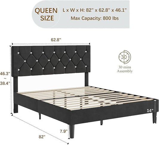 VECELO Queen Size Bed Frame, Upholstered Platform with Adjustable Diamond Tufted Headboard, Wood Slat Support, No Box Spring Needed, Velvet & Black