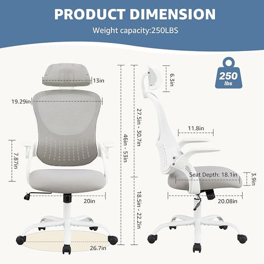 DUMOS Ergonomic Office Chair – High Back Mesh Computer Chair with Lumbar Support, Headrest, Flip-up Arms, and Swivel Wheels – Comfortable Gaming & Desk Chair for Home Bedroom Office,Grey