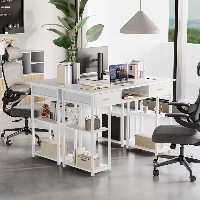 DUMOS 48" Small Computer Home Office Desk for Bedroom with Drawers, Gaming Writing Study Table with Storage Shelf, Adjustable Feet, Compact Desk for Gaming and Home Office Use, White