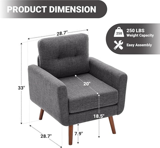 Tbfit Accent Chair, Reading Chair for Living Room & Bedroom, Mid Century Modern Arm Chair, Button Tufted Upholstered Accent Chairs Sofa with Solid Wood Frame, Grey