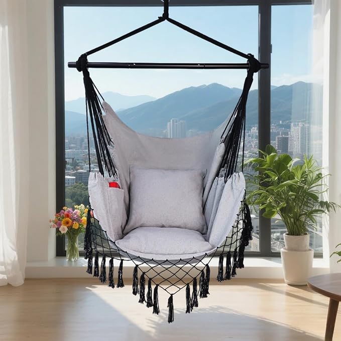 Hammock Chair Hanging Rope Swing Chair,Max 450 Lbs, Large Hanging Chair with Pocket, 2 Cushions, Removable Steel Bar, Hardware Kit Included, Superior Comfort for Indoor Outdoor (Light Grey)