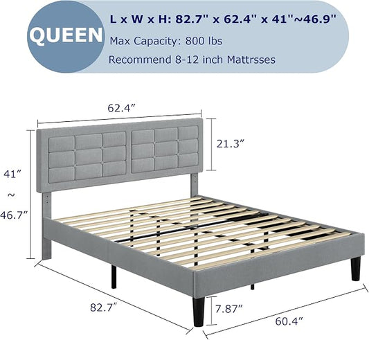 VECELO Queen Size Bed Frame, Adjustable Upholstered Button Tufted Headboard, Heavy-Duty Bedframe with Wood Slats Support, No Box Spring Needed, Linen & Light Grey