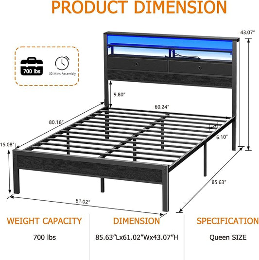 Furnulem Queen Bed Frame with Headboard & 2 Fabric Drawers, Queen Platform Bed Featuring LED Lights, 3-Tier Storage Shelves Built-in Charging Station, Metal Slats, No Box Spring Needed, Easy Assembly