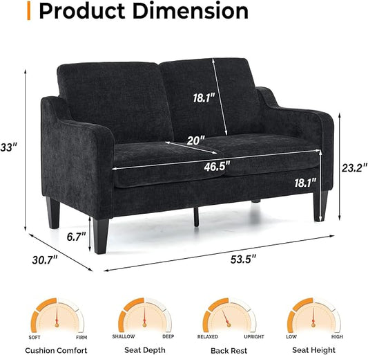 VINGLI Mid-Century Modern Loveseat Sofa Couch, Living Room 53" Love Seat 2 Seater Upholstered Comfy Couches with Scooped Armrest for Small Spaces, Dorm, Bedroom, Apartment, Office (Black)