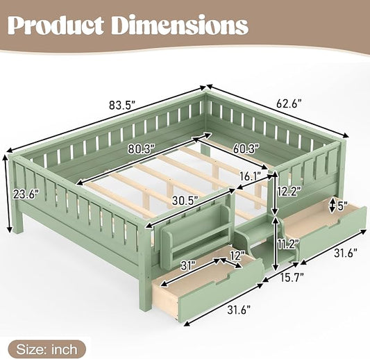 Bellemave Queen Bed with Storage Drawers & Bookshelf, Low Profile Kids Bed Frame with Staircase & Full Length Guardrails, Solid Wood Queen Bed for Kids with Slats Load 550LBS, Easy Assembly, Green