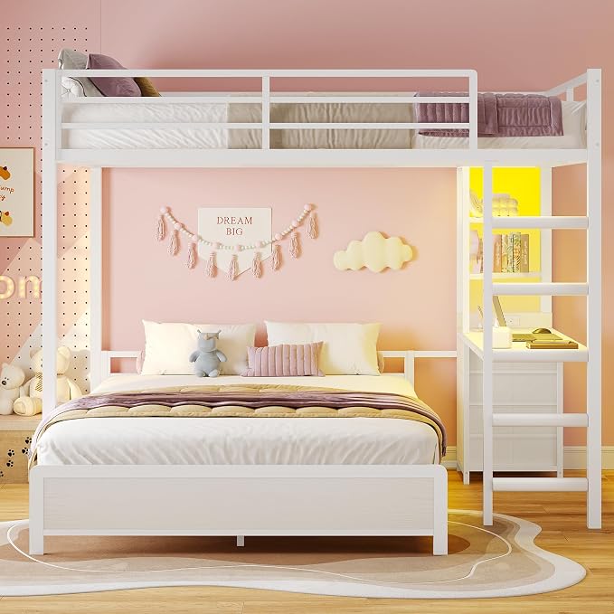 ADORNEVE Bunk Bed with Desk, Full Over Full Bunk Beds with Charging Station & Led Lights, 4 Storage Drawers & 2 Open Storage Shelves, Metal Loft Bed with Safety Guardrail & Ladder for Kids/Teen, White