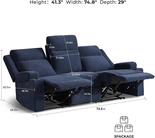 GUEAPY Large Manual Reclining Sofa 3-Seater Chenille Recliner Couch with Cup Holders, Wide Seat, Easy Assembly & Spill-Resistant Fabric Cozy Reclining Sofa for Living Room, Apartment, RV, Blue