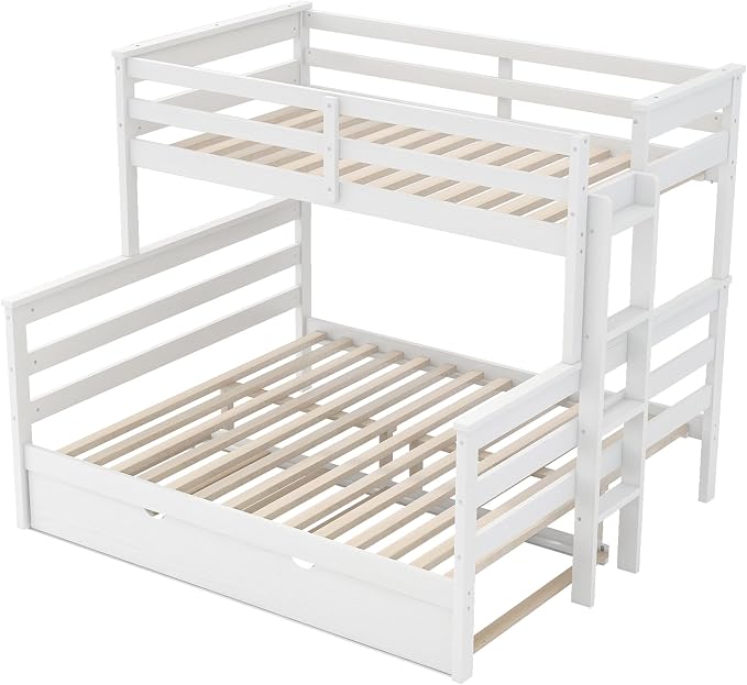 Merax Twin XL Over Queen Bunk Bed Wood Detachable Bunk Bed with Trundle & Ladder, Multifunction Bunk Bed with Full Length Gardrails, No Box Spring Needed,Space Saving,White