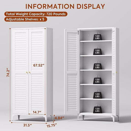 Metal Kitchen Pantry Cabinet with 2 Doors,Metal Pantry Cabinet with 5 Adjustable Shelves for Kitchen,Home,74.2" H × 31.5" W × 15.75" D,Required Assembly, White