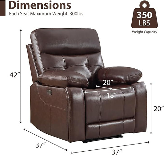 CANMOV Genuine Leather Recliner Chair, Power Single Reclining Sofa with Comfortable Arms and Back, Modern Electric Recliner Couch Set with Hidden Cup Holders,USB,Type C Port for Living Room,Dark Brown