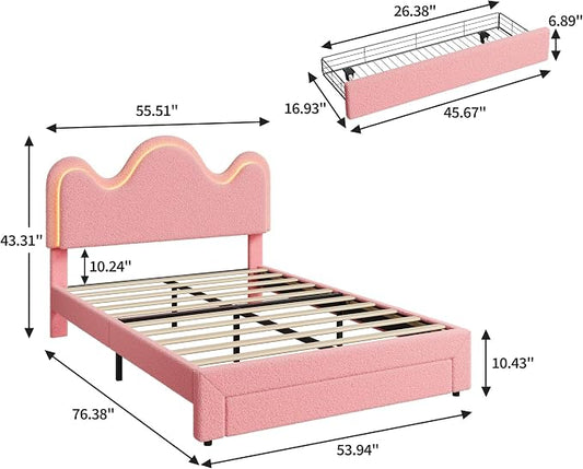 IDEALHOUSE Full Bed Frame with LED Headboard and Under-Bed Drawer, Metal Upholstered Platform Bed with LED Light for Kids, Girls, Lamb Fleece Fabric, Wooden Slats Support, No Box Spring Needed, Pink
