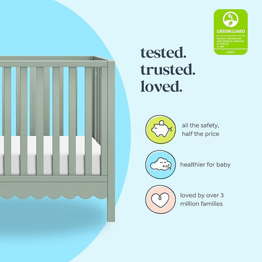 Davinci Sammy Scallop 4-in-1 Baby Crib & Mattress Bundle - Light Sage | Low-Profile Crib Convertible to Toddler Bed, Daybed, Full Bed - Easy to Assemble - Includes Mattress w/ Waterproof Cover