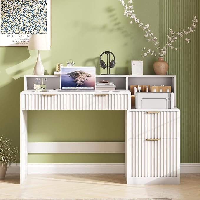Vabches Fluted Computer Desk with Power Outlets, Home Office Desk with Drawers, Printer Stand, Wood Computer Desk with Long Monitor Stand, White