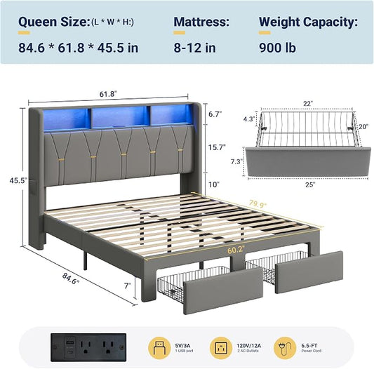 Allewie Queen Bed Frame with 2-Tier Storage Headboard, Charging Station & LED Light, Velvet Upholstered Platform Bed with 2 Drawers, Wingback Headboard, Gold Button Tufted, No Box Spring Needed, Grey