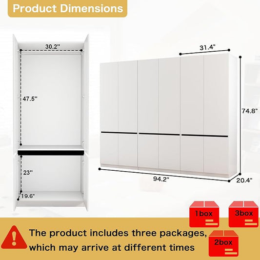 White Armoire Wardrobe Closet: 74" Wooden Wardrobe Closet with 6 Doors, Bedroom Armoires with Hanging Rod, Tall Closets Cabinet for Hanging Clothes (94.5")