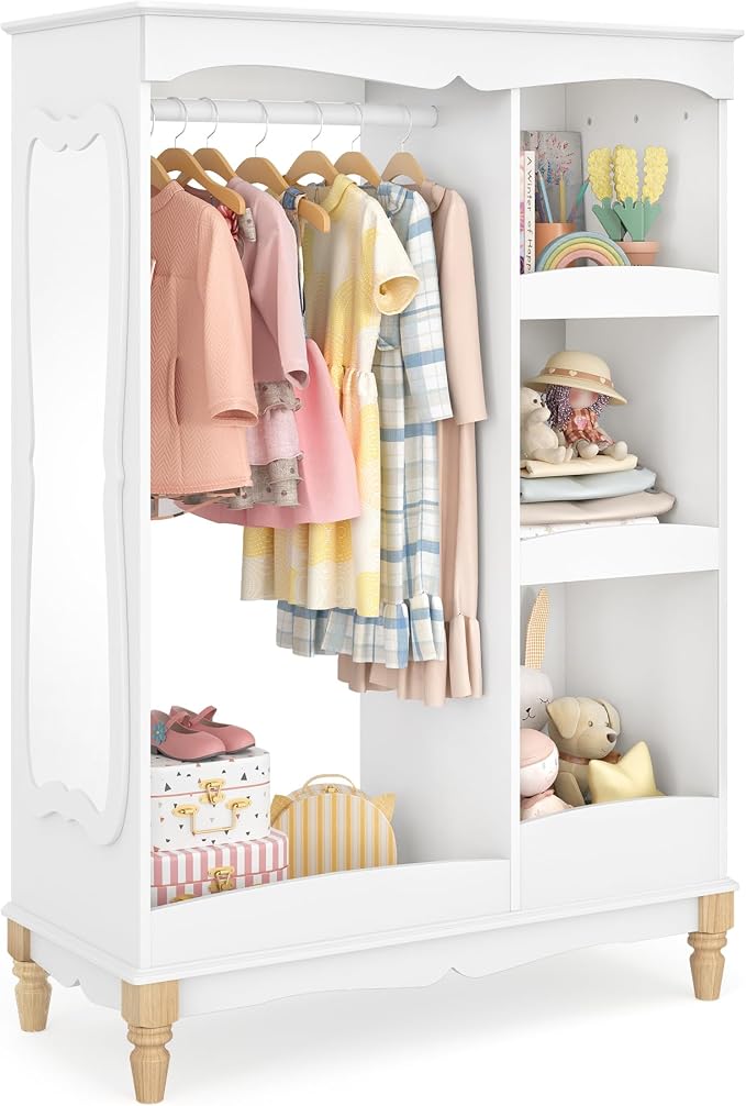 Curipeer Kids Dress Up Storage with Flower Mirror & Wood Legs, Open Hanging Closet Wardrobe for Children, Kids Armoire & Costume Organizer for Bedroom Playroom Preschools Classroom, White
