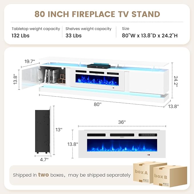 80" Fireplace TV Stand, Modern Entertainment Center for TVs Up to 90", TV Console with Storage Cabinets, Media Console for Living Room, White TV Stand and Black Fireplace
