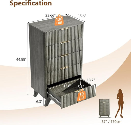 VINGLI Fluted Tall Dresser 5 Drawer, 23.66" W Chest of Drawers Gray Wood Dresser with Rounded Edges, Grey Dressers for Bedroom, 23.66" W*15.6" D*44.88" H