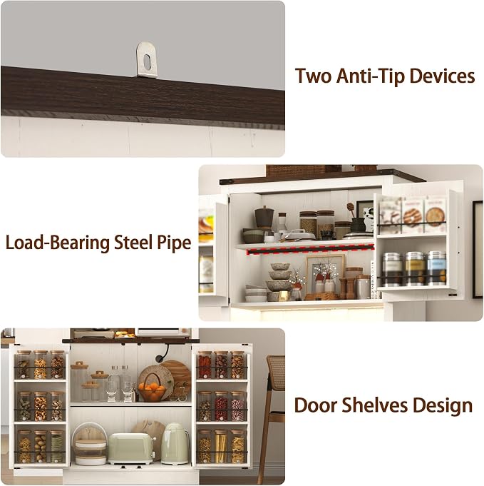 72" Tall Farmhouse Kitchen Pantry Cabinet with LED Light and Power Outlet,Modern Farmhouse Kitchen Storage Cabinet w Load-Bearing Steel Pipe,Barn Doors, Organizer,Food Pantry Cabinets(White)