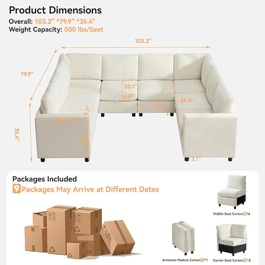 104'' U Shaped Modular Sofa, Sectional Couches with Storage for Living Room, Oversized 8 Seater Cloud Sectional Couch, Chenille Beige