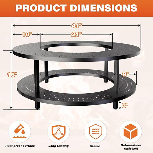 Fire Pit Surround Tabletop for Solo Stove Bonfire 1.0&2.0 and Ranger 1.0&2.0, 41" Fire Pit Surround Tabletop with Wood Storage Shelf, Powder-Coated Steel Surround Tabletop with Extra Space