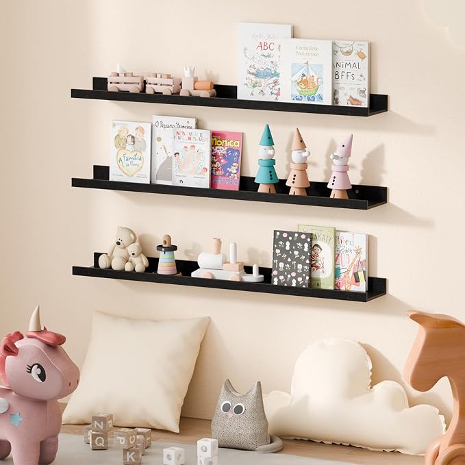 upsimples Floating Shelves for Wall, 35.5 Inch Shelves for Decor Storage Set of 6, Wall Mounted Wood Shelf for Bedroom, Living Room, Bathroom, Kitchen, Long Picture Ledge Shelves, Black