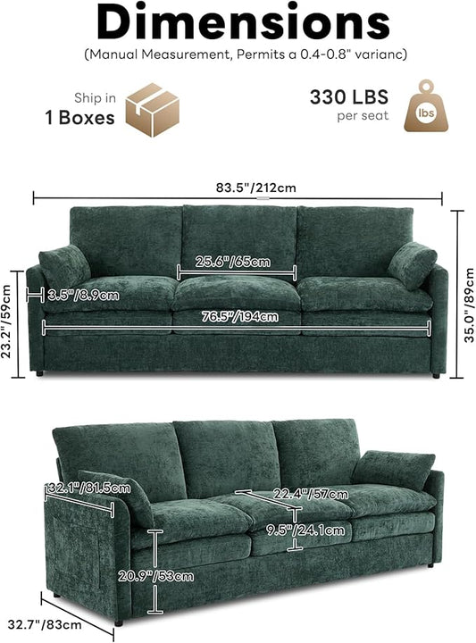Iroomy 83" Cloud Couch, Chenille Modern Sofa 3 Seater, Comfy Plush Thick Cushions, Pocket Springs, Cloud-Like Comfort Sofas for Small Living Room Apartment, Green