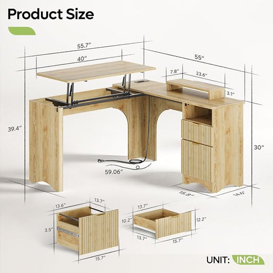 Bestier L Shaped Desk with Lift Desktop, 55 inch Corner Desk with Fluted Panel Deisgn Drawers, Modern Office Desk with File Drawer (Natual Oak, 55'' x 55'' Lift Top)