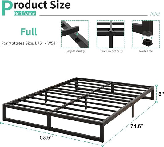Lutown-Teen 8 Inch Full Bed Frame No Box Spring Needed, Heavy Duty Metal Platform Beds with Sturdy Steal Slats for Mattress Foundation, Easy Assembly, Noise Free, Black