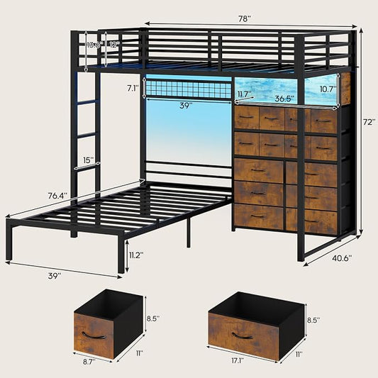 BTHFST Bunk Bed Twin Over Twin with 14 Storage Drawers & Bookshelf, Twin Bunk Beds with RGB LED Lights & Metal Grid Panel, Metal Bunk Beds with Safety Guardrails & Ladder for Kids, Rustic Brown