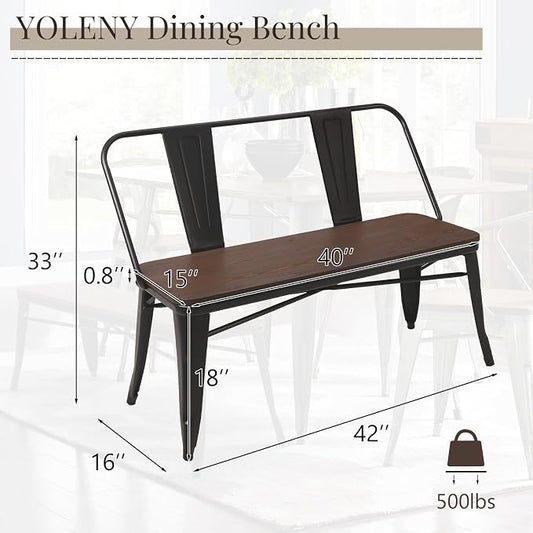 YOLENY Dining Bench, Entryway Bench with Back, Farmhouse Metal Dining Bench, Industrial Mid-Century 3 Person Rustic Spindle Bench, with Wood Seat, Removable Backrest, 42in, Black