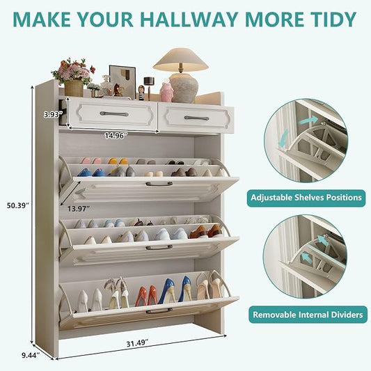 Shoe Cabinet Storage for Entryway with 3 Large Flip Drawers & 2 Storage Drawers, Narrow Shoe Organizer Cabinet Fits for Kinds of Shoes, Slim Shoe Storage Cabinet for Entryway, Hallway, White