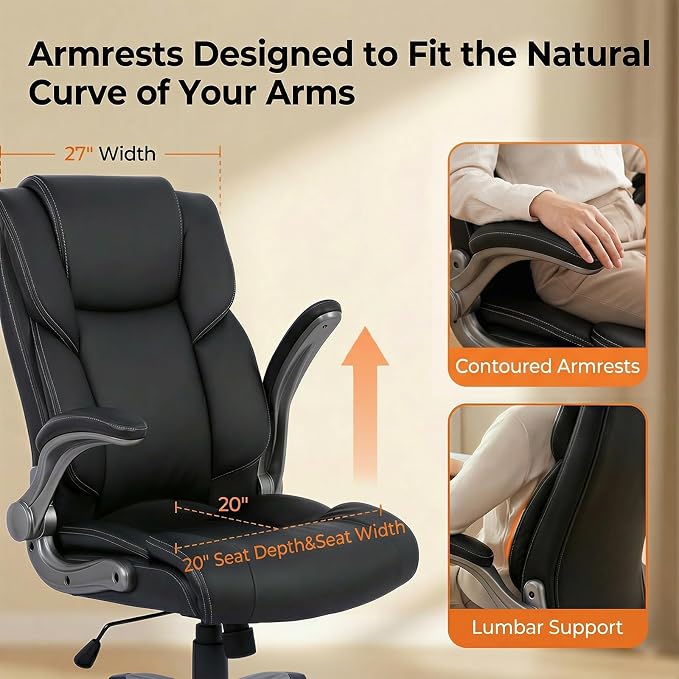 COLAMY Ergonomic Executive Office Chair, High Back Desk Chair with Adjustable Lumbar Support, Flip-Up Armrests & Thick Seat Cushion, 90°–110° Reclining Computer Chair for Home Office