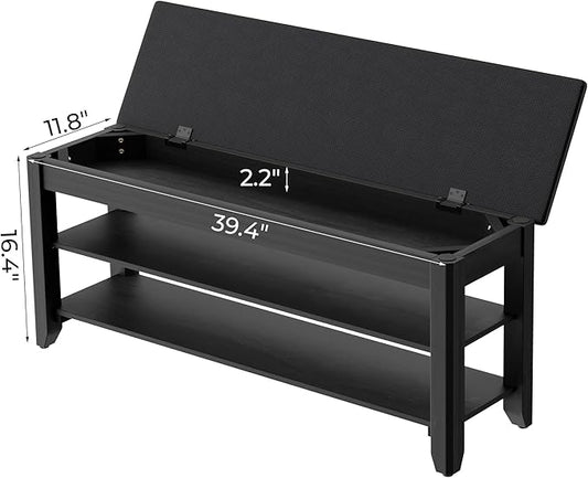 Homleke 2-Tier Solid Wood Shoe Rack Bench with Flip-Top Storage | Entryway Bench with Cushion, Adjustable Shelf, Holds Up to 10 Pairs, for Hallway, Bedroom and Closet, Black, 39.4 Inch