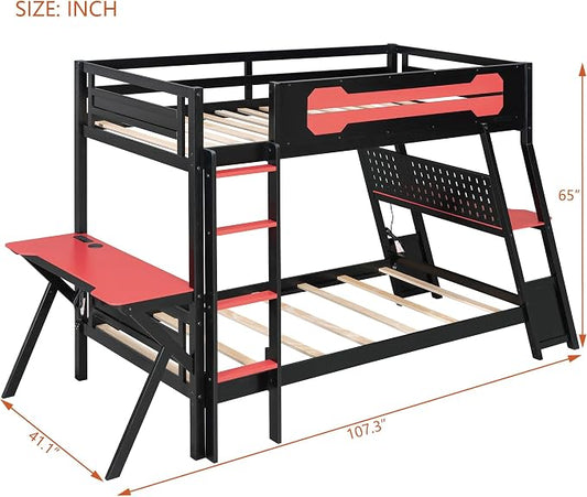 Merax Wooden Twin Over Twin Bunk Bed with 2 Side Desks, USB Desktop Ports and Pegboard Organizer, Gaming Bunk Bed for Gamer, Kids or Teens, No Box Spring Needed, Red