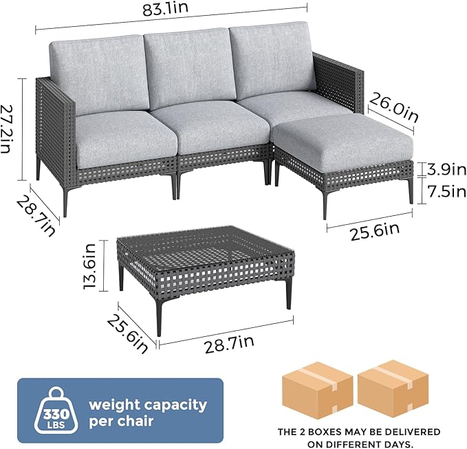 Jocoevol 5 Pieces Outdoor Patio Conversation Set – Rattan L-Shaped Corner Sofa Comfortable Thickening Cushions for Garden, Balcony,Weatherproof Waterproof UV Resistance
