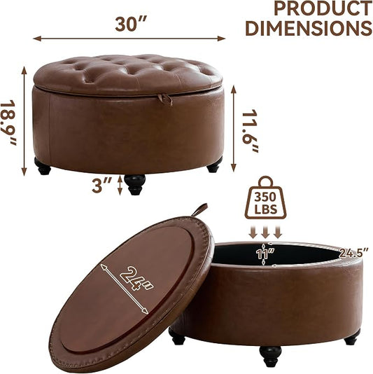 WUTUTUEE 30Inch Round Storage Ottoman with Tray, Modern Tufted Leather Circle Coffee Table with Storage, Upholstered Ottoman with Removable Top for Living Room, Bedroom, Leather Coffee